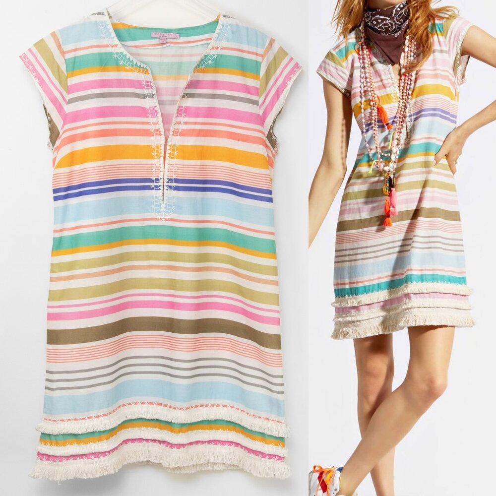 Calypso St. Barth Biding Grange Dress Cotton Stripe Embellished Size Large